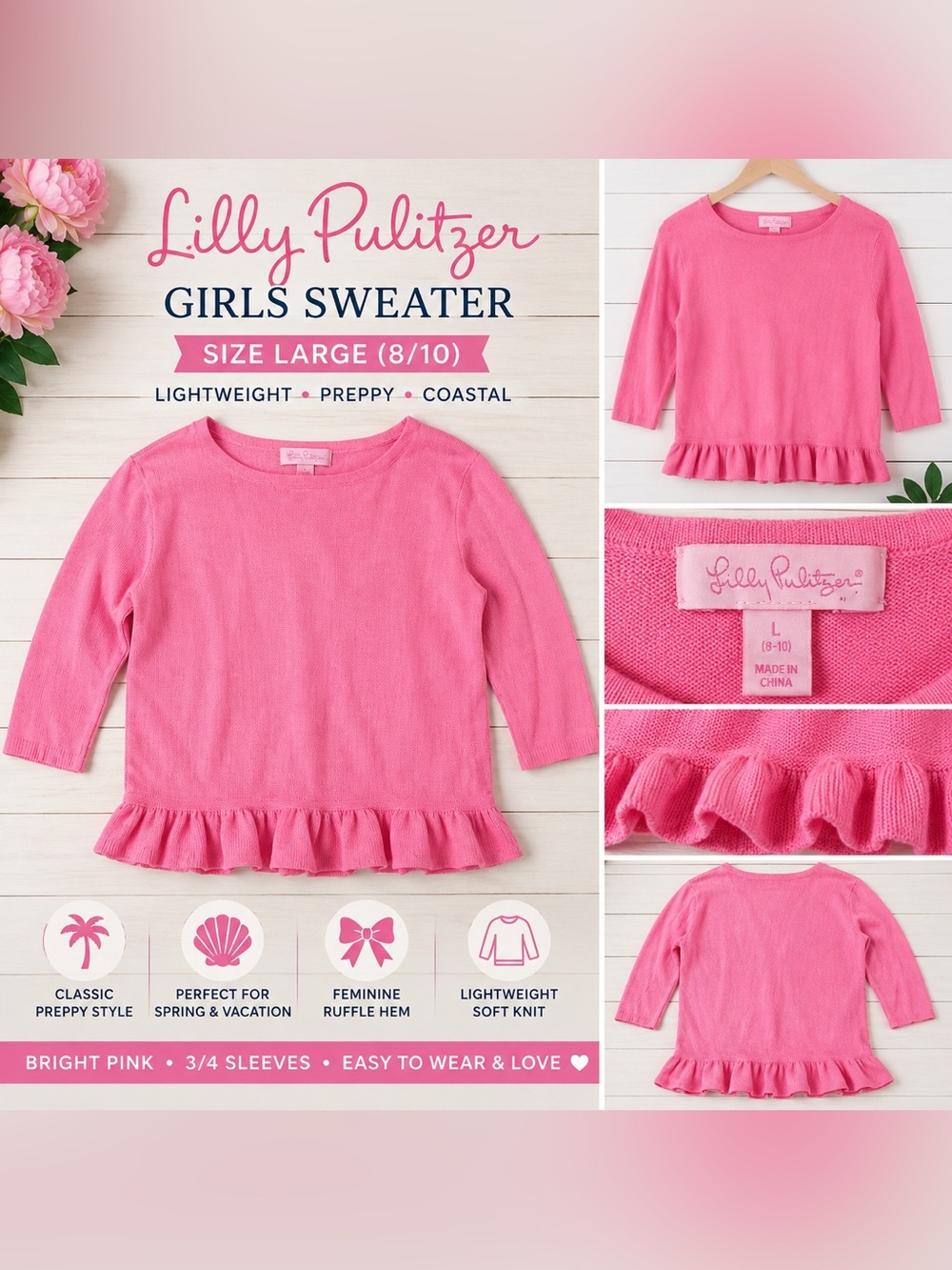 Lilly Pulitzer Girls Pink Ruffle Hem Knit Sweater Size L 8/10